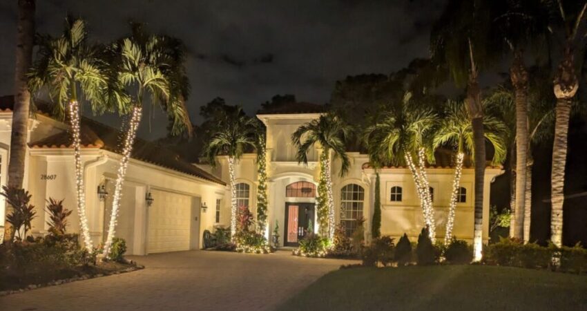 Elegant holiday lighting installed on a home in Atlanta, featuring festive roofline and tree lights.