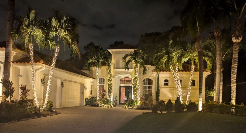 Elegant holiday lighting installed on a home in Atlanta, featuring festive roofline and tree lights.